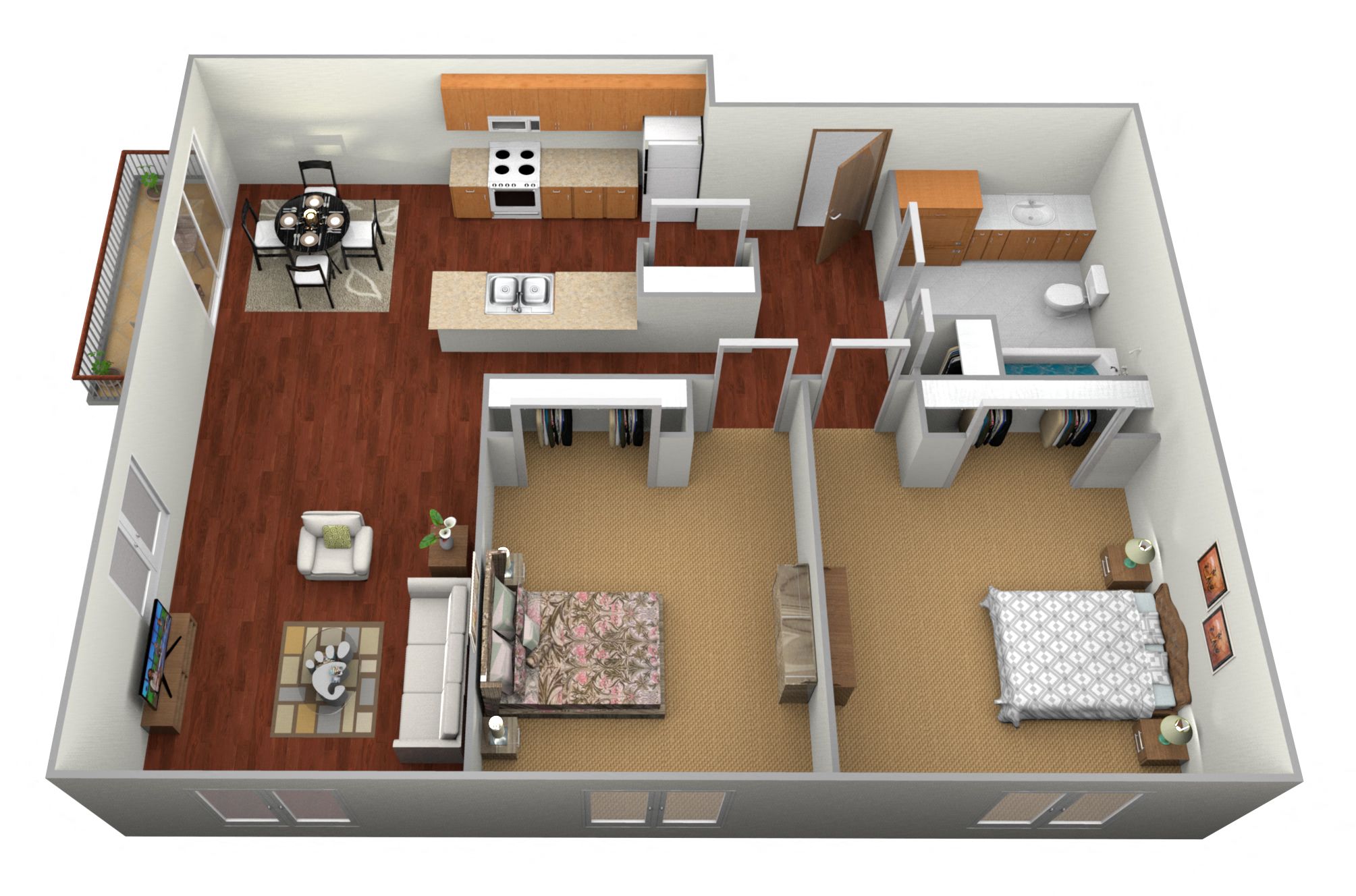 Floor plan for 2 beds, 1 bath, 976 sqft